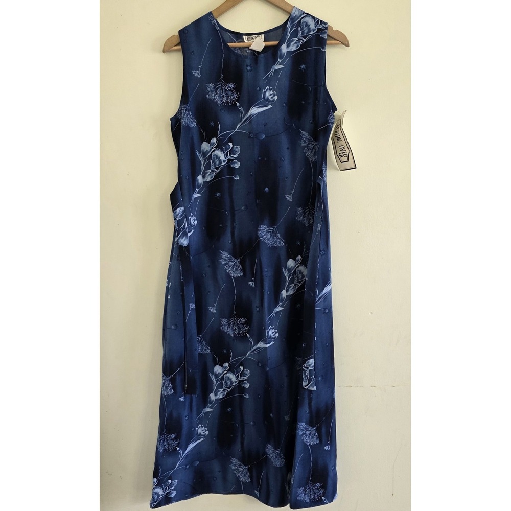 Vintage 90s Rolling Over Womens Medium Blue‎ Floral Sleeveless Maxi Dress W Ties
